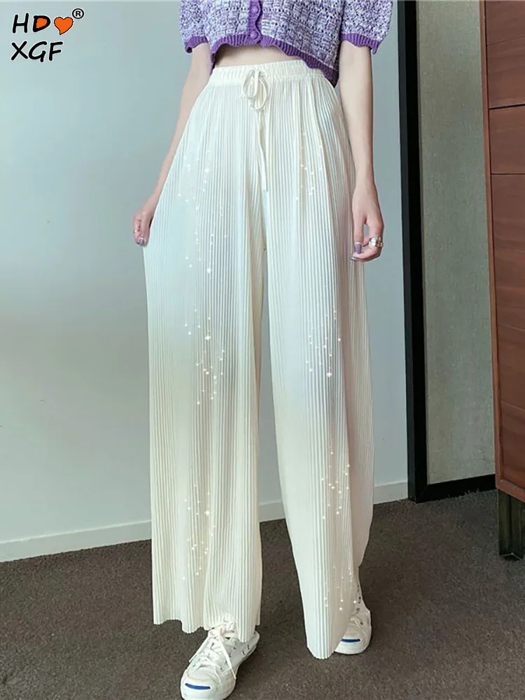 

Solid Color Chiffon Baggy Pleated Culotte Pants Casual Elastic High Waist Wide Leg Pantalones Baggy Womens Elegant Trousers New