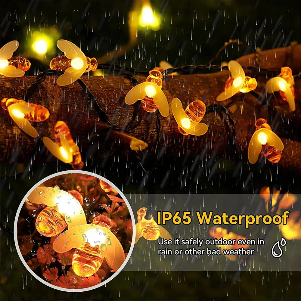 Solar Light 100LED Bee String Lamp Outdoor Fairy Tree Christmas Garland 8 Modes Waterproof Patio Garden Party Decor