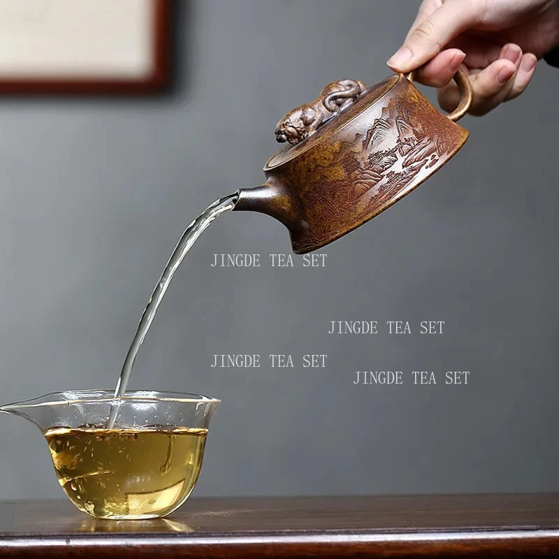 220ml Chinese Yixing Handmade Purple Clay Teapot Creative Household Tea Pot Hand-carved Dragon Tiger Kettle Zisha Tea Set Gifts