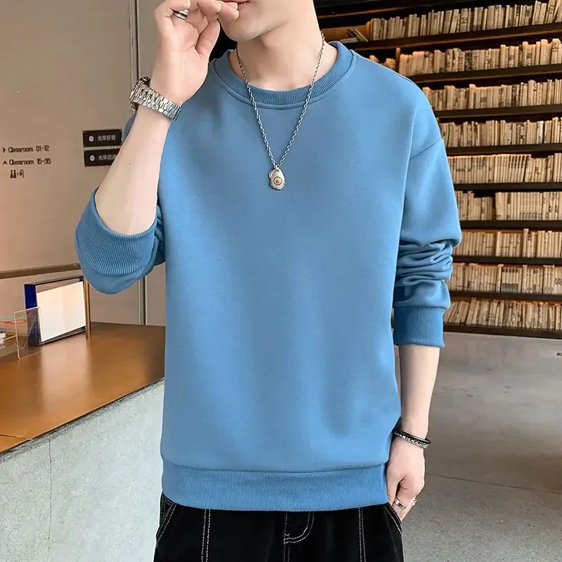 

Round Neck Solid Sweatshirt for Men Black Crewneck Male Clothes Pullover Blue Hoodieless Y2k Vintage Loose Sweat Shirt 90s Top S