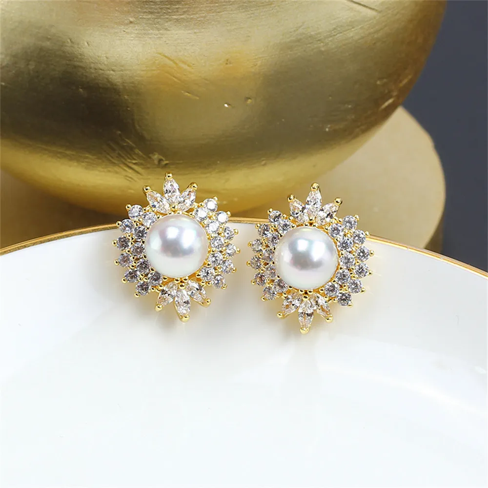 S925 Silver Needle Retro Full Zirconium Pearl Earrings Accessories 14K Gold-plated DIY Accessories 2023 Dinner Temperament 14k gold inlaid zirconium fashion leaf flower shaped pendant stud 925 silver pin diy pearl ear accessories