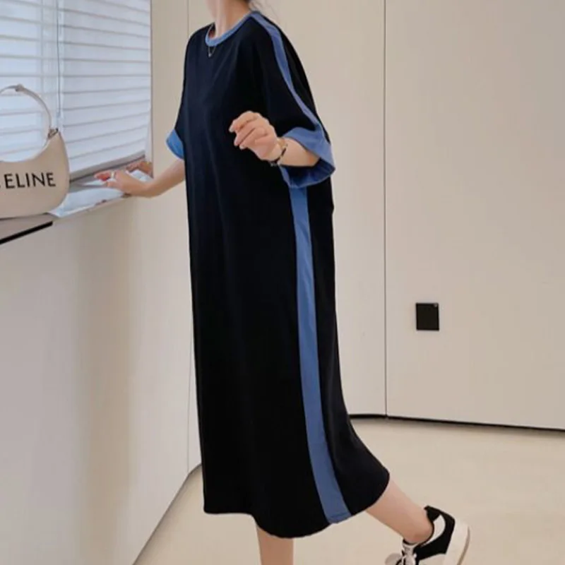 Summer Clothes for Women Plus Size Casual Crew Neck Contrasting Colors Short Sleeve Loose Mid-Calf Straight T-shirt Black Dress