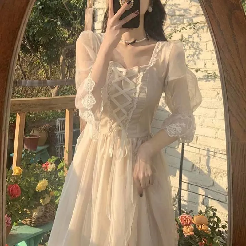 

2022 Spring Lace Sweet Elegant Dress Women Evening Party One Piece Dress Korean Kawaii Short Sleeve Dress Female Square Collar
