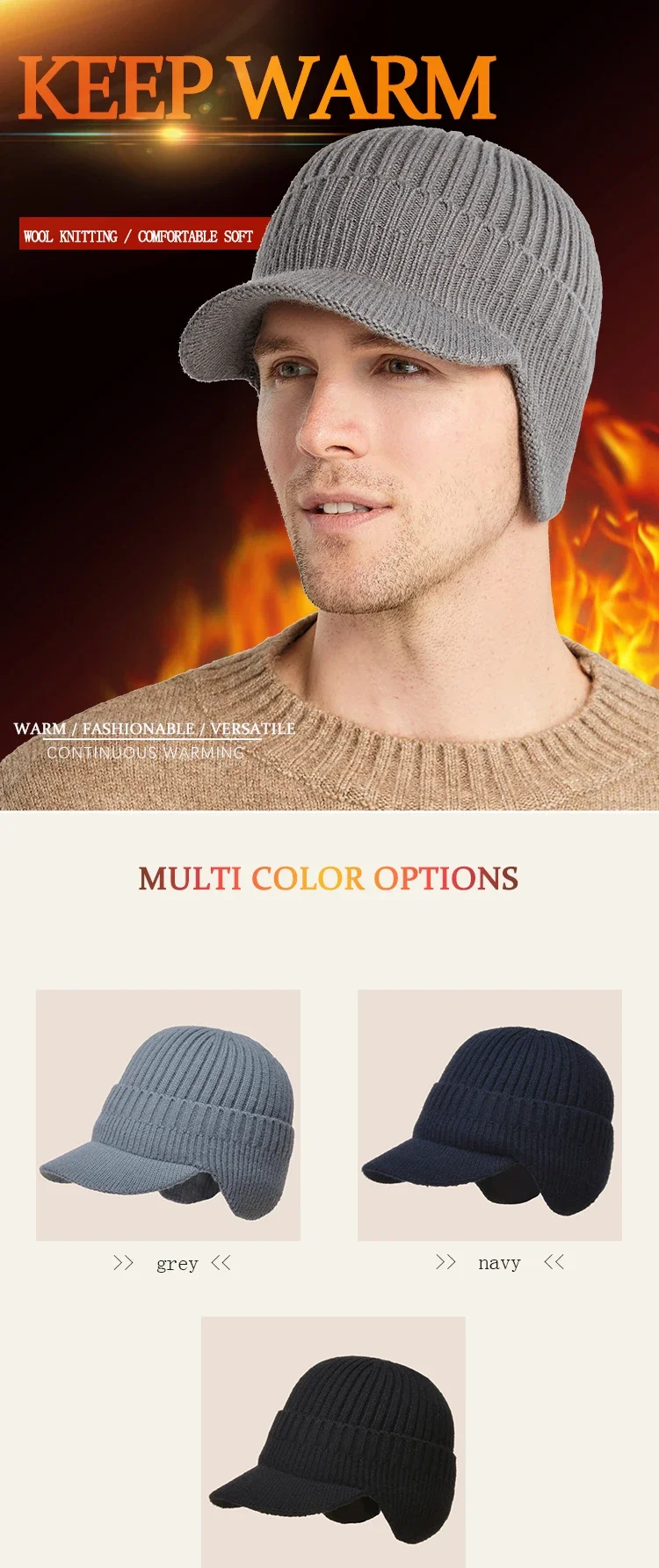Herren Winter Strickmützen, Outdoor Radfahren, Ski, warme Wollmütze mit Ohrenklappen, kurzer Schirm mit Ohrenschützer, Wintermützen für Herren, Skullies – Detail 1
