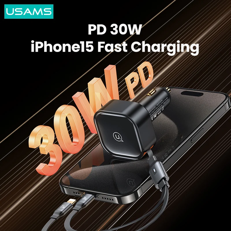 

Автомобильное зарядное устройство USAMS, Выдвижной USB-кабель 2 в 1, 90 см, Тип C, для iPhone 15, быстрая зарядка PD30W, зарядное устройство для телефона Xiaomi Samsung