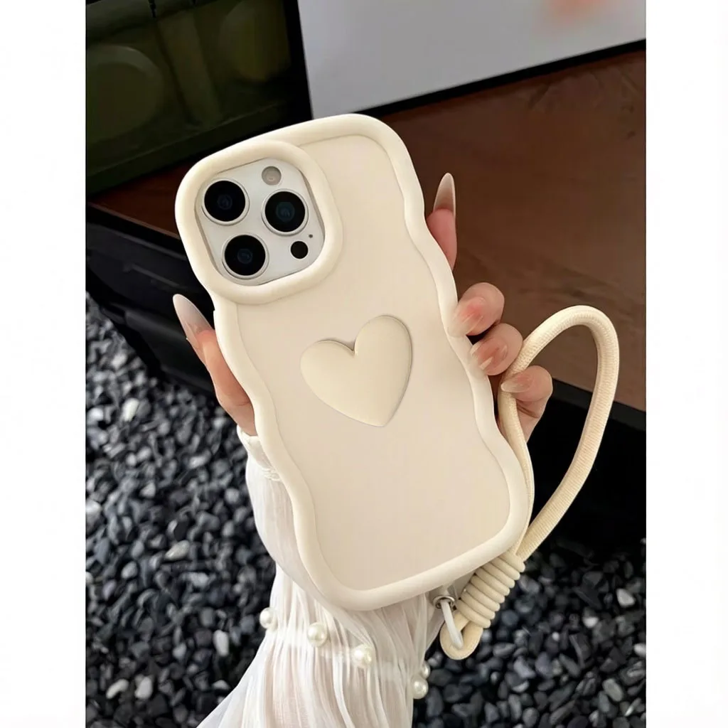 3D Love Heart Wavy Frame Shockproof Cover with Lanyard