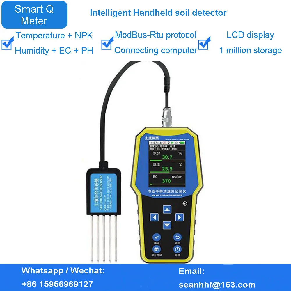 Soil Nitrogen Phosphorus potassium ph temperature and humidity water sensor EC fertility nutrient detector data can be exported