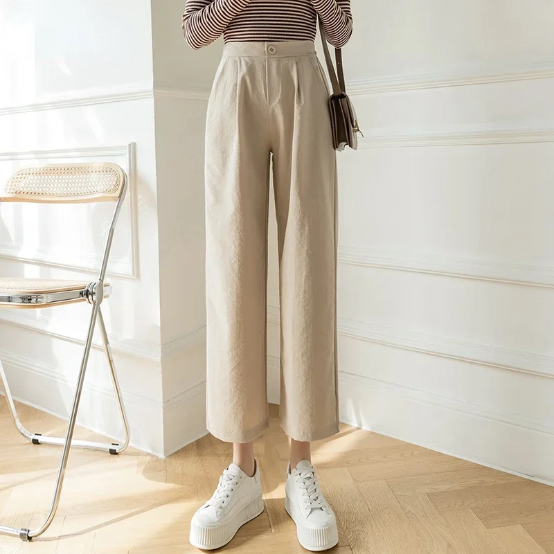 Women Cotton Linen High Waist Pants Solid Color Pockets Black Khaki Trousers Oversized Spring 2022 Fashion New Wide Leg Pants