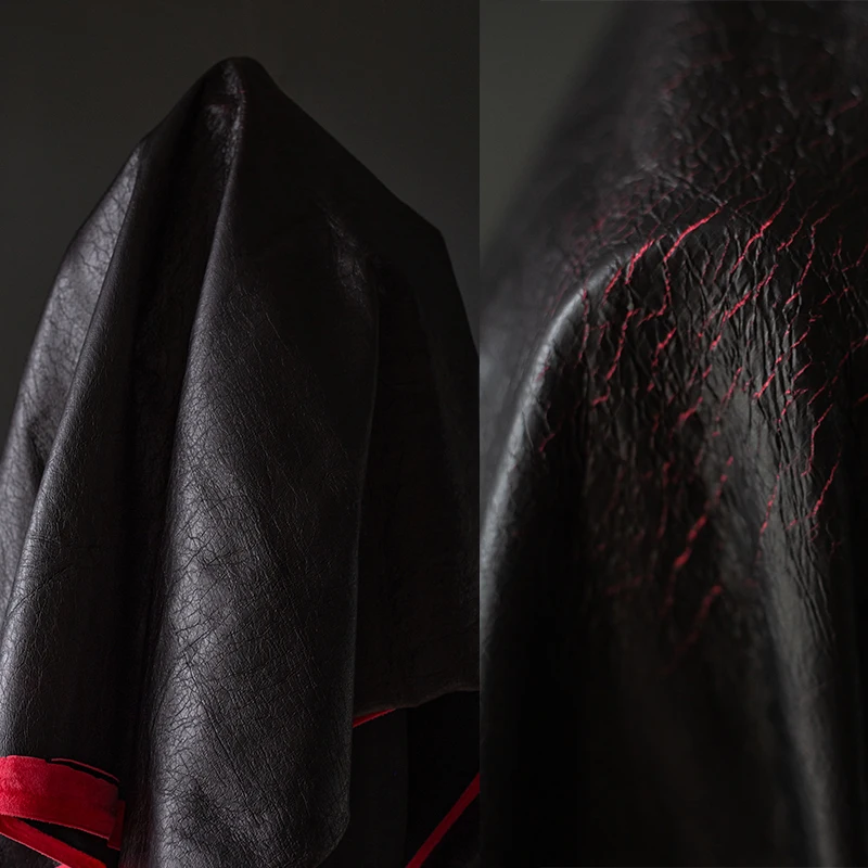 

Black Leather Fabric Red Bottom Crack Texture Wide Front Coat Designer Cloth Apparel Diy Sewing Meters Material