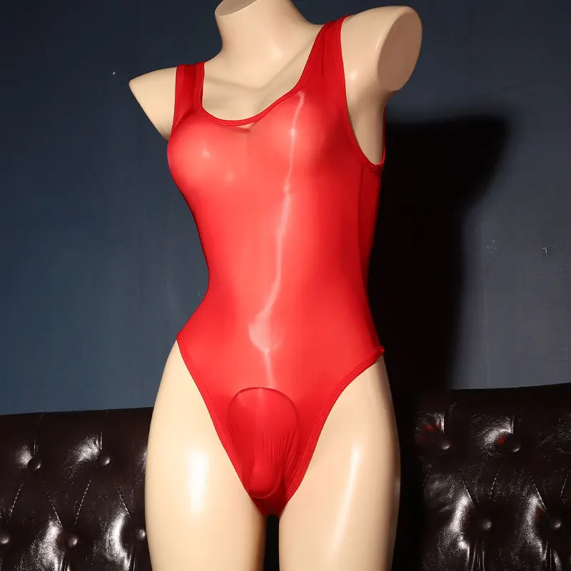 Men underwear sexy bodysuit oil shiny sheer U convex pouch night club wear transparent swimwear high elastic tights lingerie