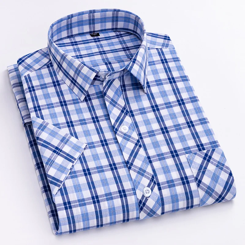 Fashionable Cotton Plaid Shirt Men's Short Sleeve Single Patch Pocket Design Young Casual Standard Fit Men's Shirt 3