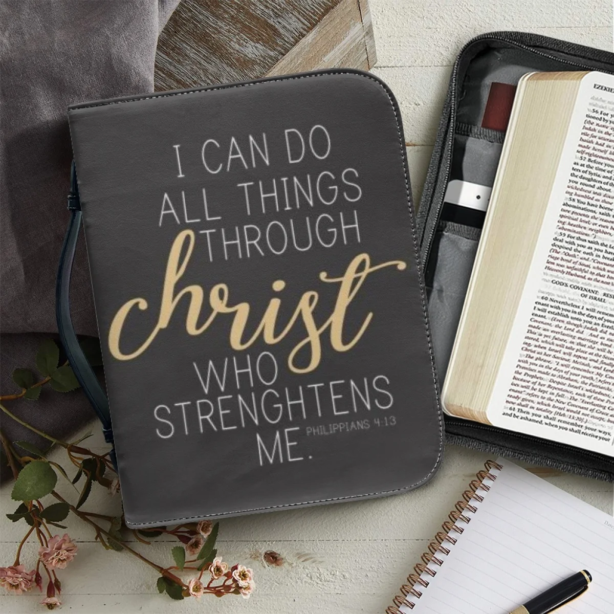 

New Fashion Leather Bible Cover Words Printed Bible Case Holy Cover Case Handbag Handle Zippered Pocket Bible Covers Utility