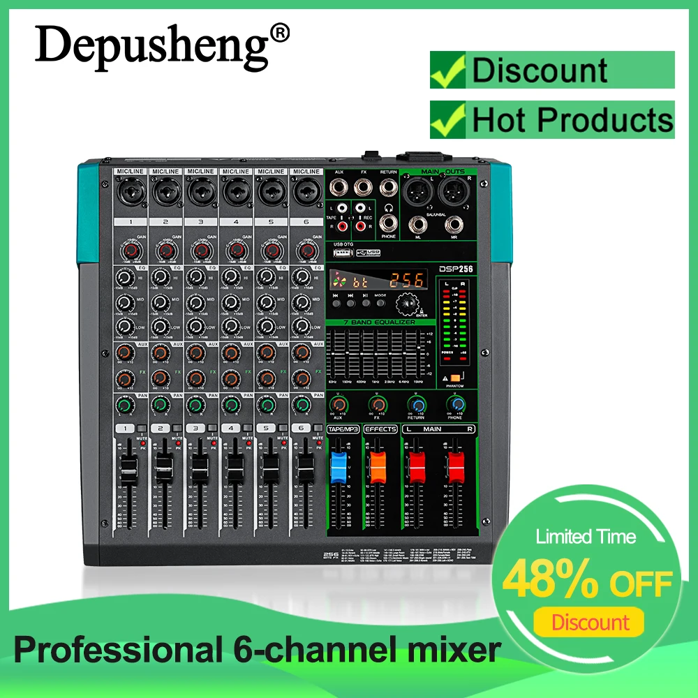 Professional Audio Mixer Depusheng MG6 6 Channel Sound Board Console DJ Mixing Desk System Interface Built-in 256 Reverb Effect