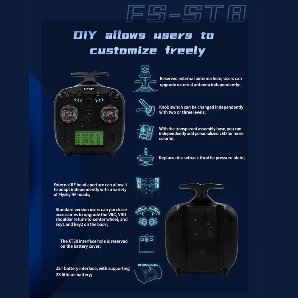 FLYSKY FS-ST8 2.4G 10CH ANT RGB 어시스턴트 3.0 라디오 송신기 FS-SR8 수신기, RC 비행기 자동차 제어용, 2S 1100mAh 1C 배터리