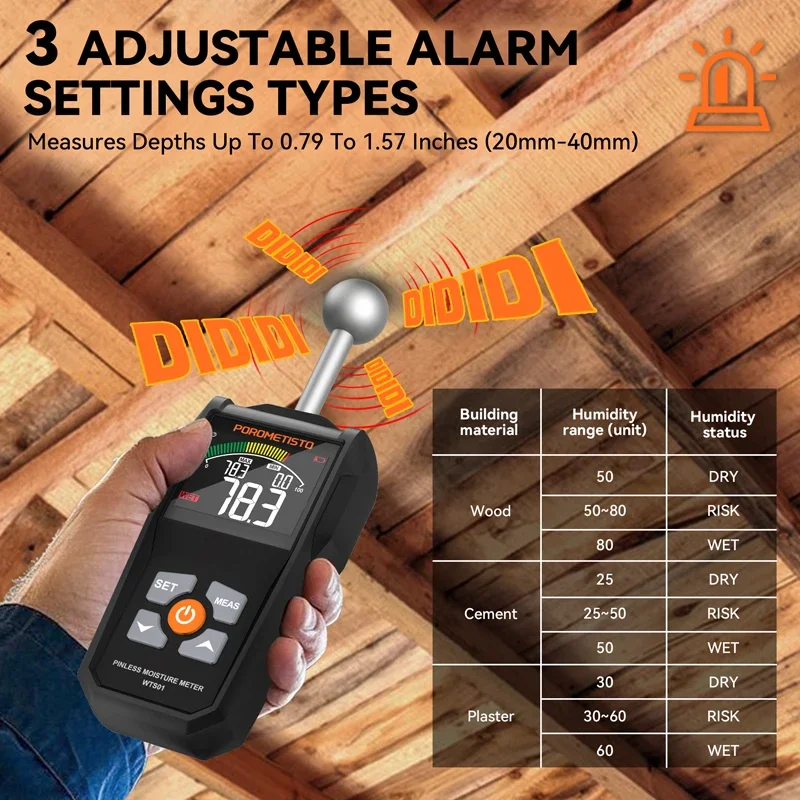 POROMETISTO WTS01 Spherical Moisture Meter Inductive Wall Material Timber Damp Detector Digital Non-destructive Moisture Tester