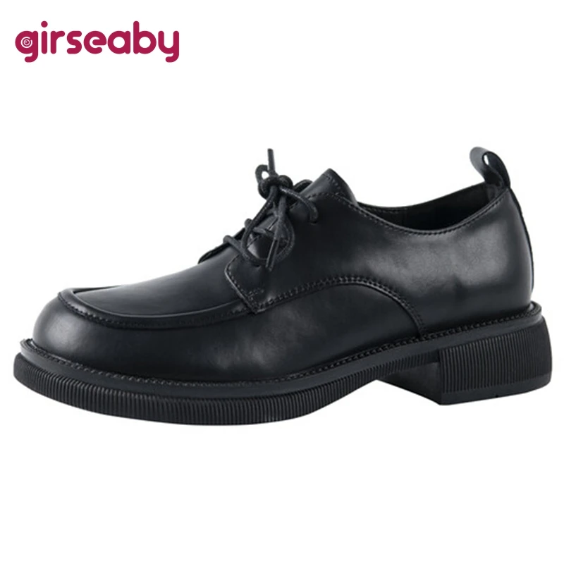 

Girseaby 2022 Women Shoes Pumps Round Toe Chunky Heels Cow Split Lace-Up Casual Big Size 35-40 Black Taupe Spring Retro S3258