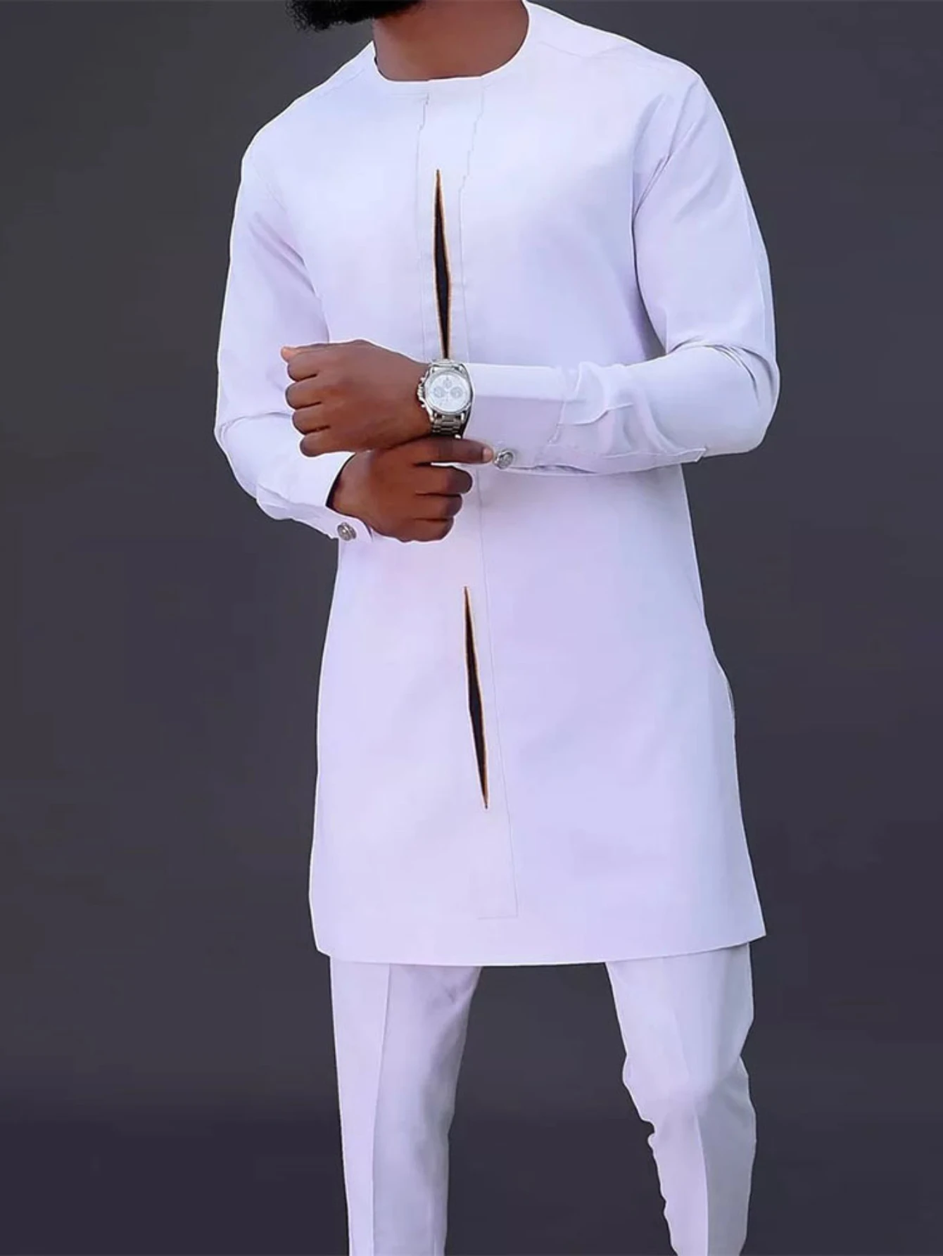 African Men Suit Long Sleeve Round Collar Top Solid Color Pants Two Piece Set Simple Africa Casual Gentleman Summer Outfits