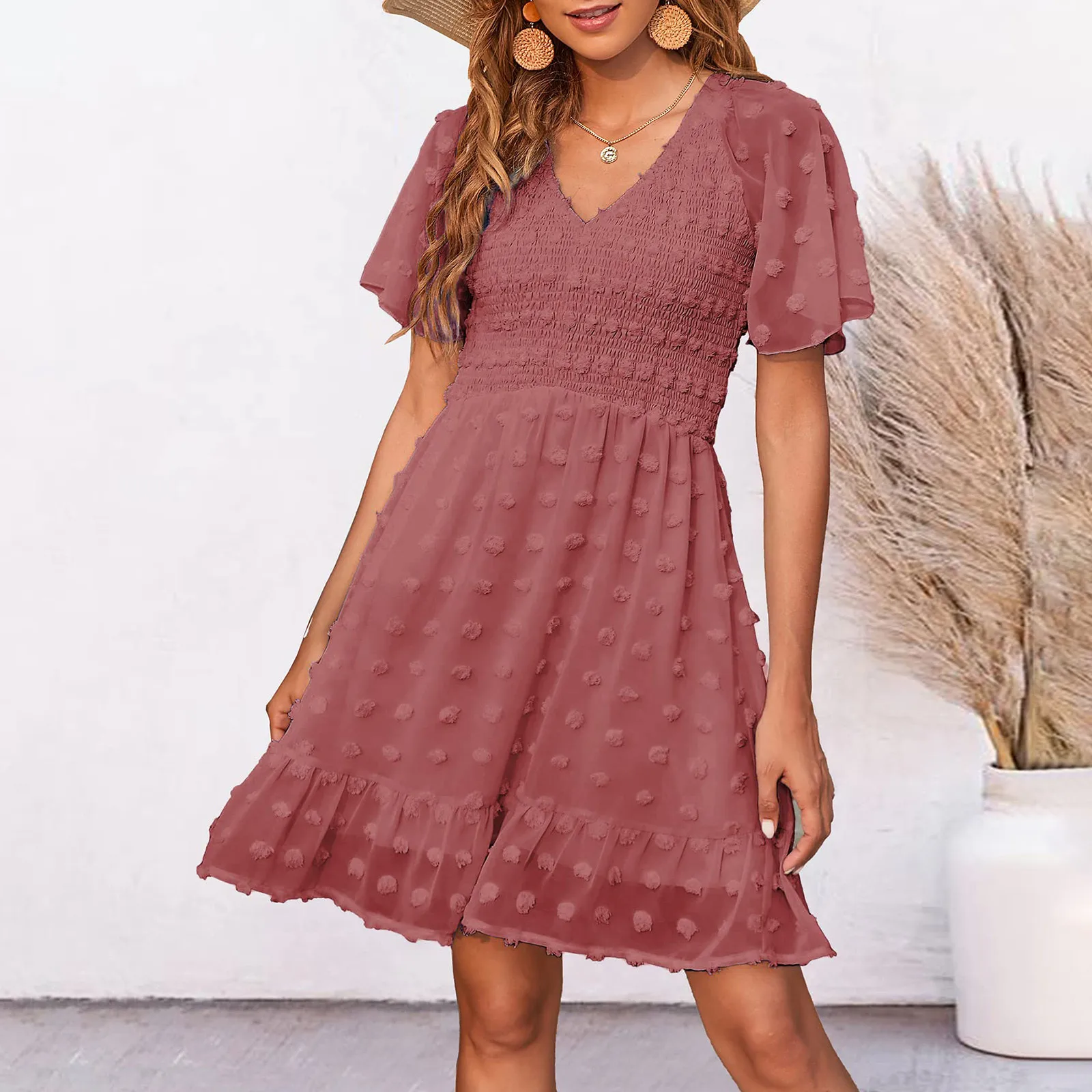 

2024 New In Summer Dresses For Women High Waist Party Dress Ruffle Solid Color V Neck Short Sleeve A-Lined Ladies Casual Dress