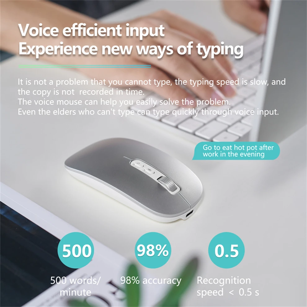 AI Smart Voice Mouse Speech to Text Rechargeable 2.4G Wireless Bluetooth for Windows Laptop Voice Typing