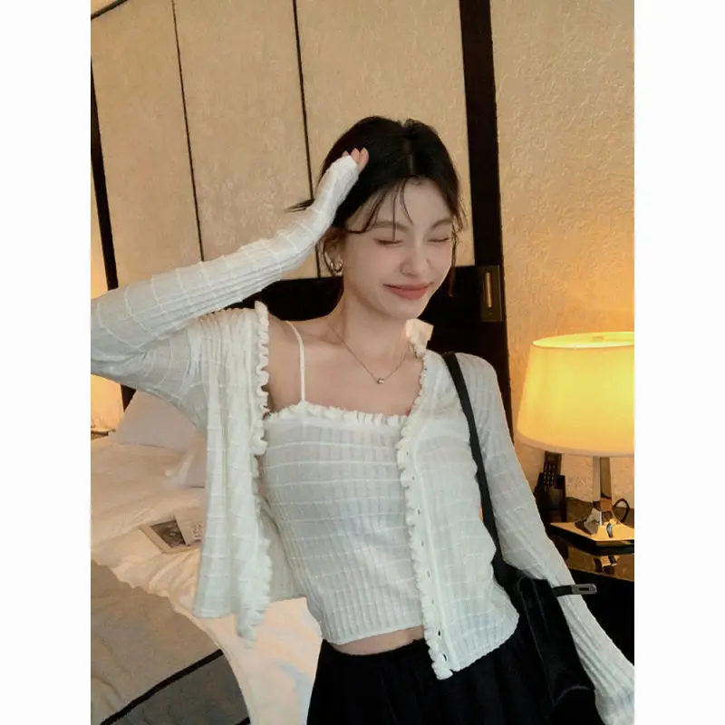 

Halter + Cardigan Two-piece Autumn Pure Wind Wood-ear Edge Knitwear Design Sense of Niche Slimming Temperament