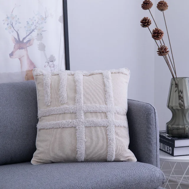 Simple Tufted Cushion Cover Geometric Rhombus Wave Big Tassel Pillowcase Hand-tufted and Crocheted Decorative Sofa Pillow Cover H-45x45cm pillowcase
