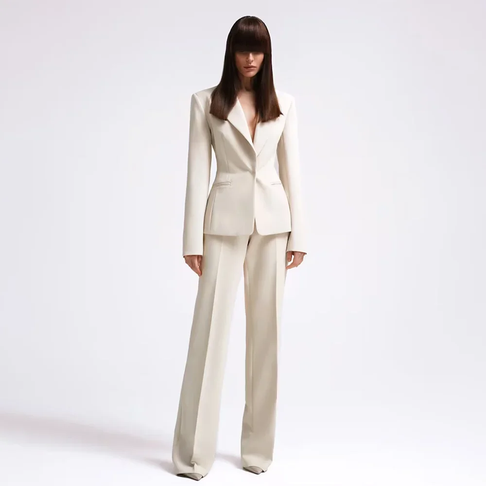 Women Suits 2 Piece Chic Notch Lapel One Button Solid Slim Wear Elegant Smart Casual Daily Formal Office Lady Pants Sets