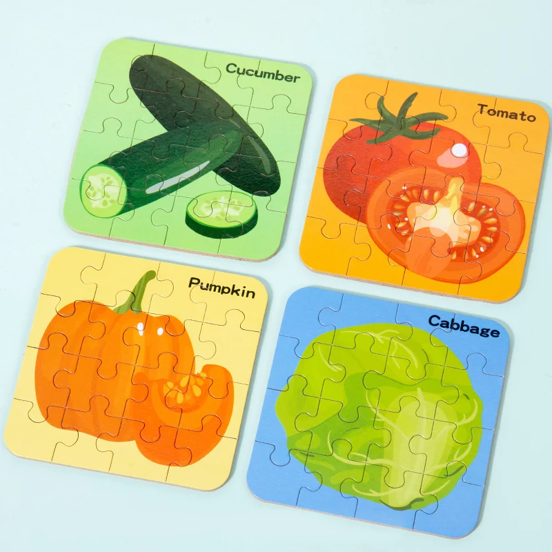 64 Pieces Wooden Puzzle Cartoon Animals Car Fruits Vegetables Pattern Jigsaw Puzzles Game Kids Educational Learning Toys 5