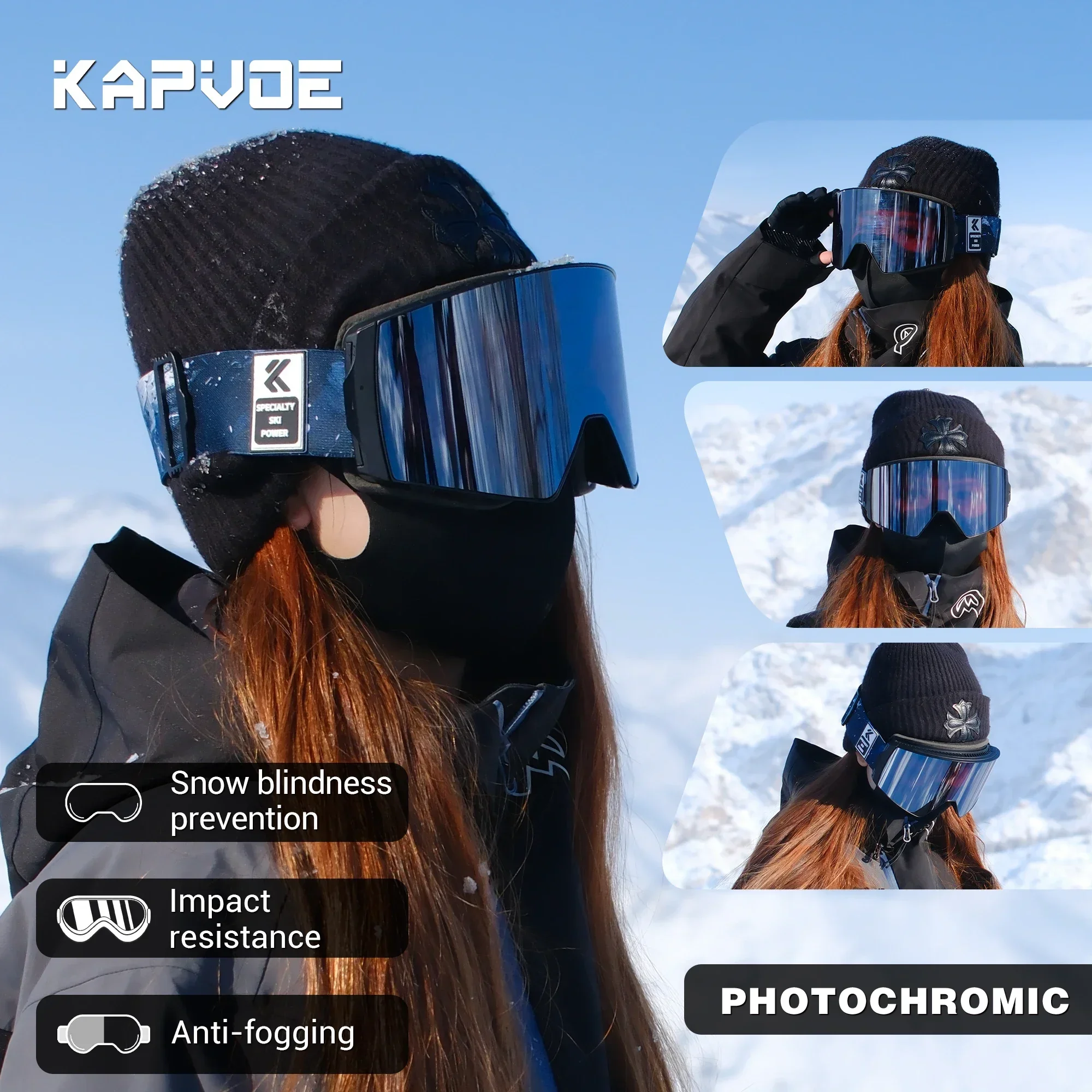 KAPVOE Outdoor Photochromic Ski Goggles Winter Snow Sports for Unisex Snow Glasses UV400 Anti-fog Magnetic Snowboard Glasses 2