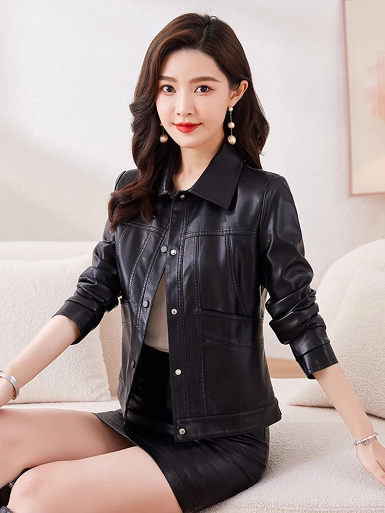 New Women Leather Jacket Spring Autumn Fashion Single Breasted Casual Slim Short Coat Split Leather Outerwear Plus Size M-6XL