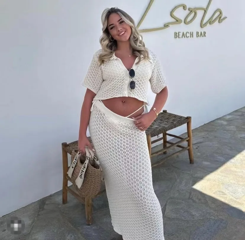 Knit Hollow Out 2 Piece-Set Long Skirt Women's Cropped Top Cardigan And High Waist Maxi Skirt Outfits Female Clothes