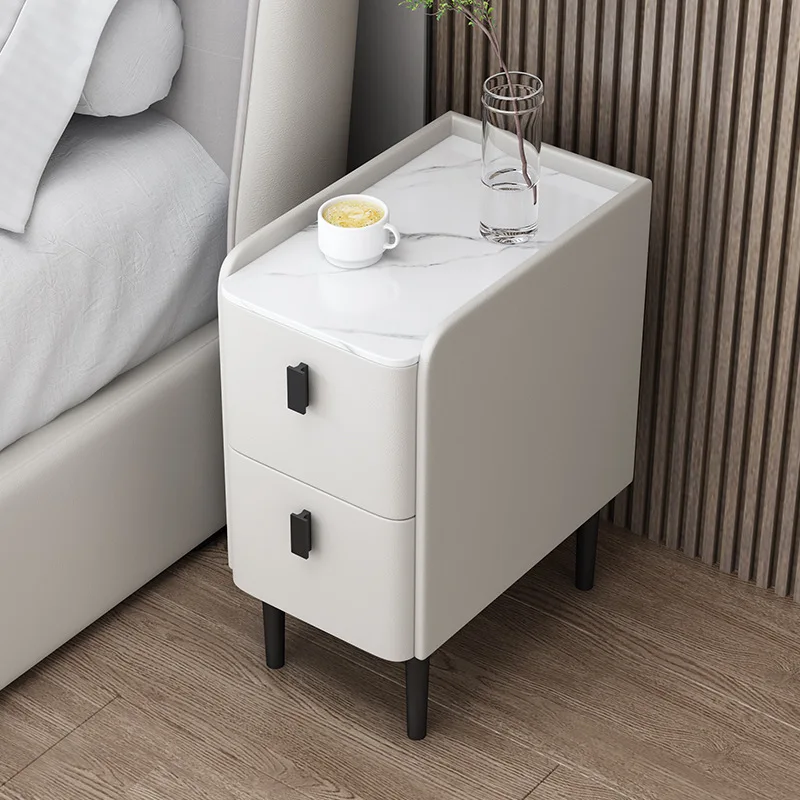 thumbnail image 1 of Mesita de noche de madera de estilo nórdico, mesita de noche de piel sintética con 2 cajones, mueble de almacenamiento lateral para dormitorio, 1 of 3