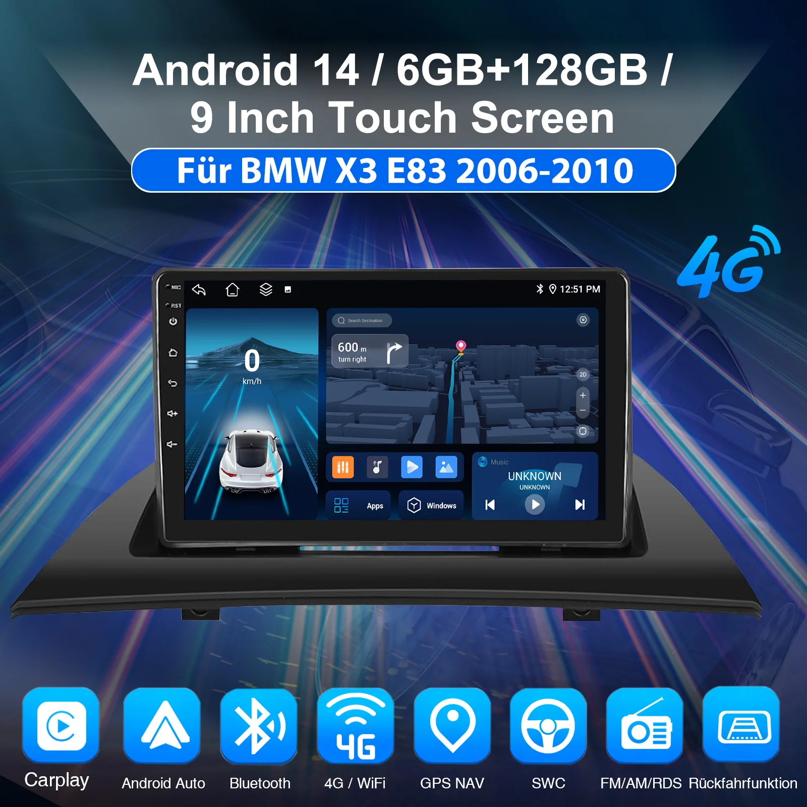ESSGOO 4G 9-Zoll HD Touchscreen Android 14 Autoradio 6+128 GB für BMW X3 2004–2012 FM Radio Wireless CarPlay Android Auto Multimedia-Videoplayer Mirror Link Headunit GPS-Navigation Bluetooth WiFi Lenkradsteuerung – Detail 1