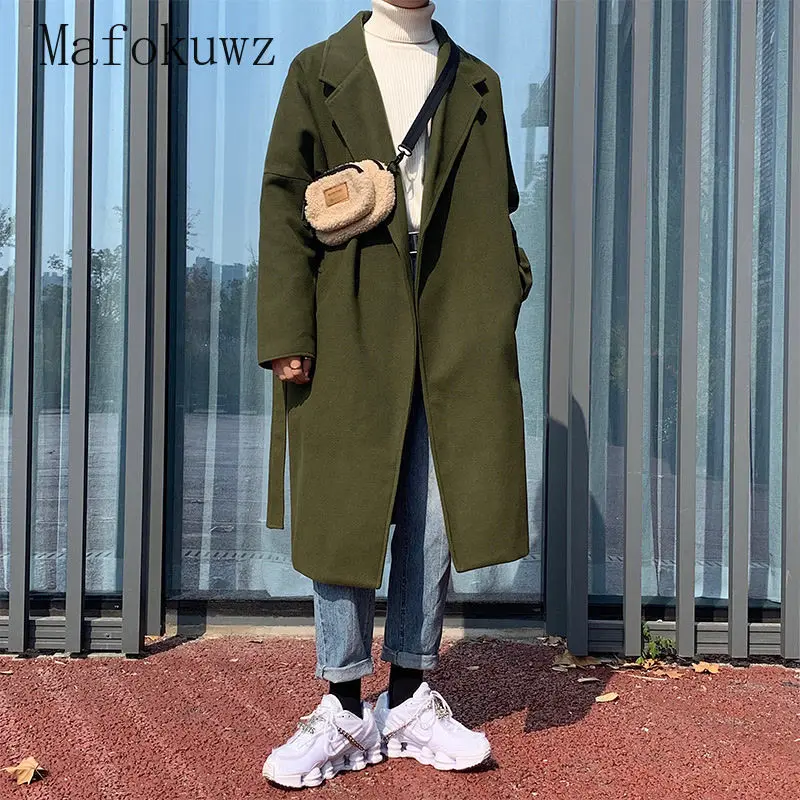 Spring Autumn Mid-length Woolen Overcoat Men's Solid Casual Loose High Street Personality Windbreaker Jackets Male Clothes