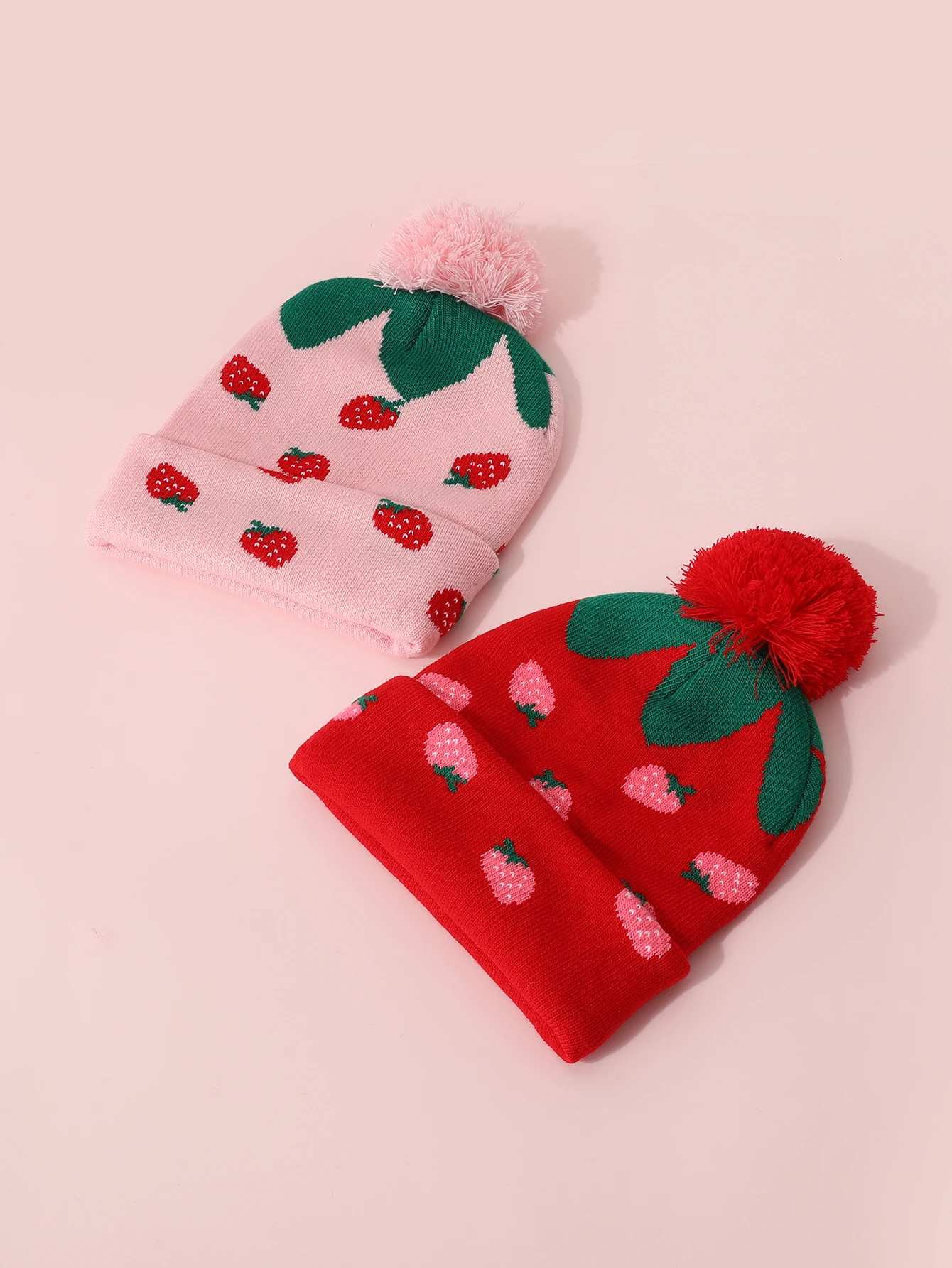 Winter children's jacquard strawberry knitted hat cute fur ball girl's brimless casual hat outdoor warm bean cold