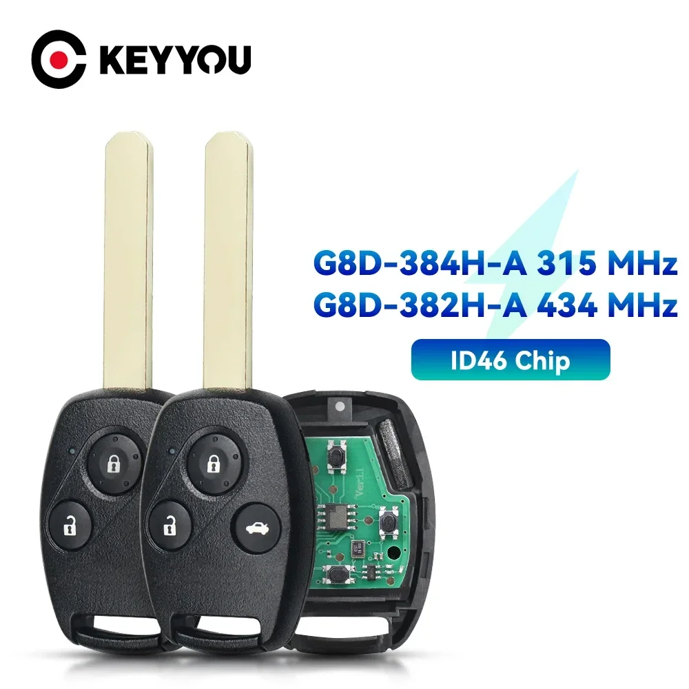 

KEYYOU For Honda Accord CRV Odyssey Jazz Remote Smart Car Key 313.8/315/433.92Mhz ID46 Chip G8D-380H-A/G8D-382H-A/G8D-384H-A