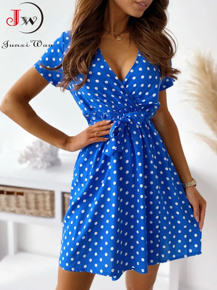 Womens Polka Dot A-line Mini Strappy Dress Ladies Sleeveless Slim Fit Evening Party Dresses Summer Holiday Sundress Viahwyt