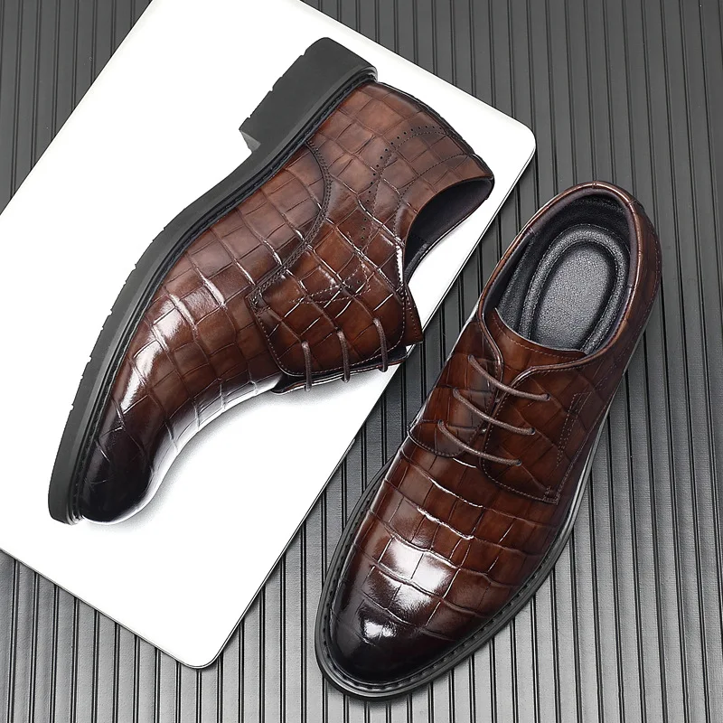 PDEP 8cm Invisible Height Increasing Shoes for Men new Leather Office Business Brown Formal Wedding Zapatos De Vestir Hombre