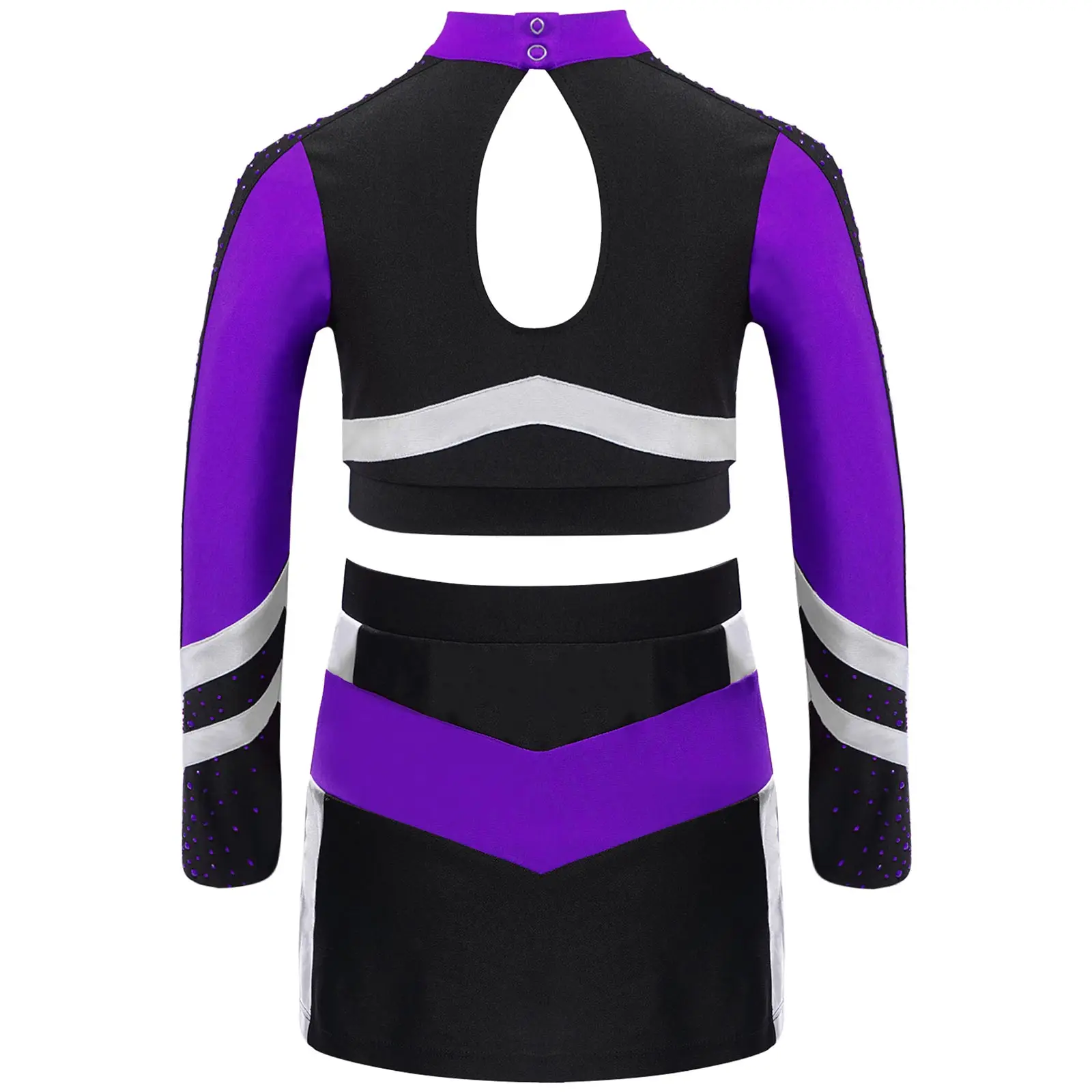Cheerleader-Kostüm für Mädchen, Schul-Cheerleading-Outfit, Stehkragen, lange Ärmel, glänzende Strass-Crop-Tops mit seitlich geschlitztem Rock – Detail 10