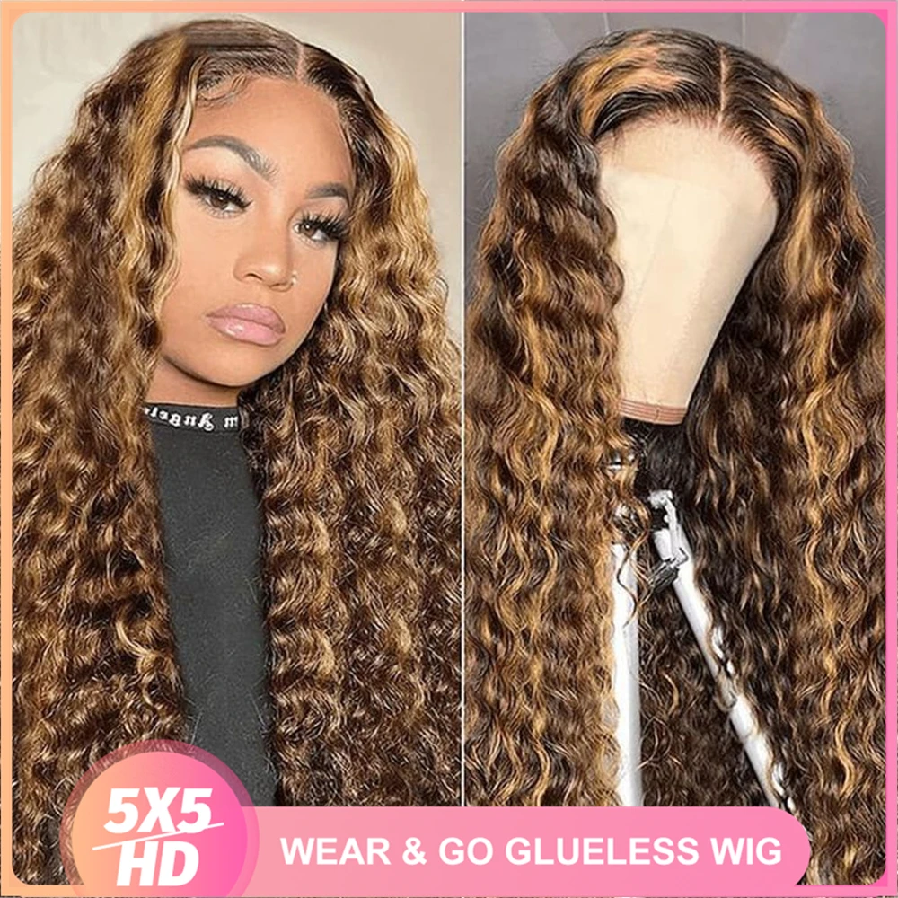 

Peruvian Deep Curly P4-27 Highlight Glueless Wigs for Women 5x5 HD Lace Closure Colored Human Hair Wigs Pre Plucked Read to Wear