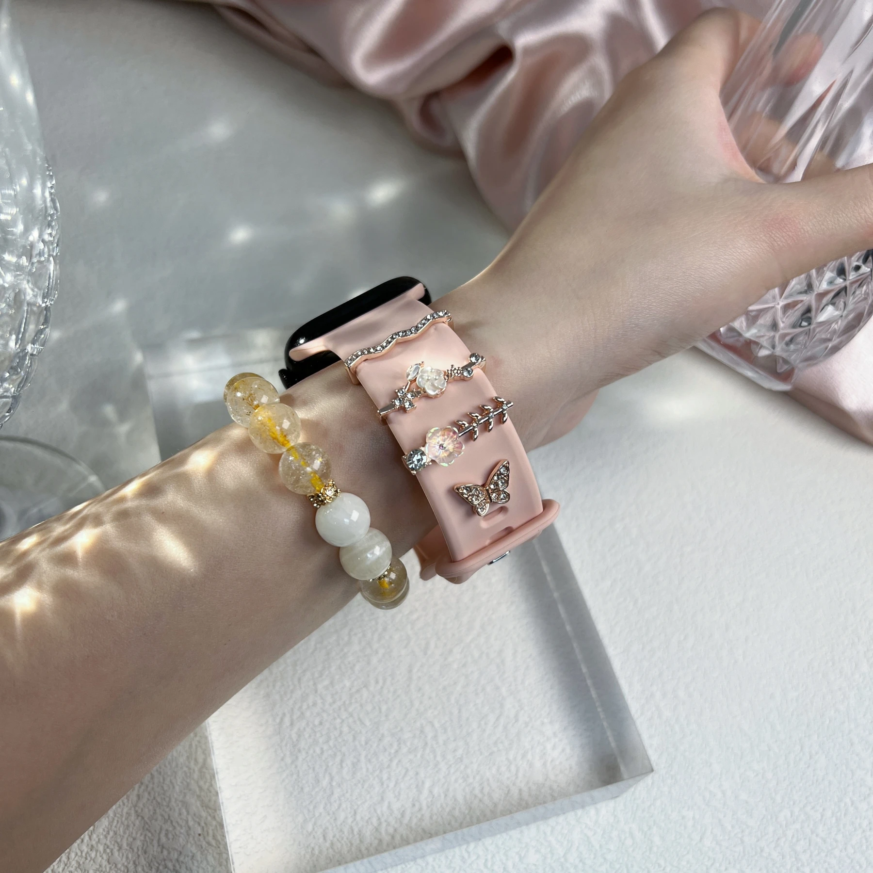 Chic Silicone Strap with Metal Charm Accents - Fashionable Watch Band Accessories
