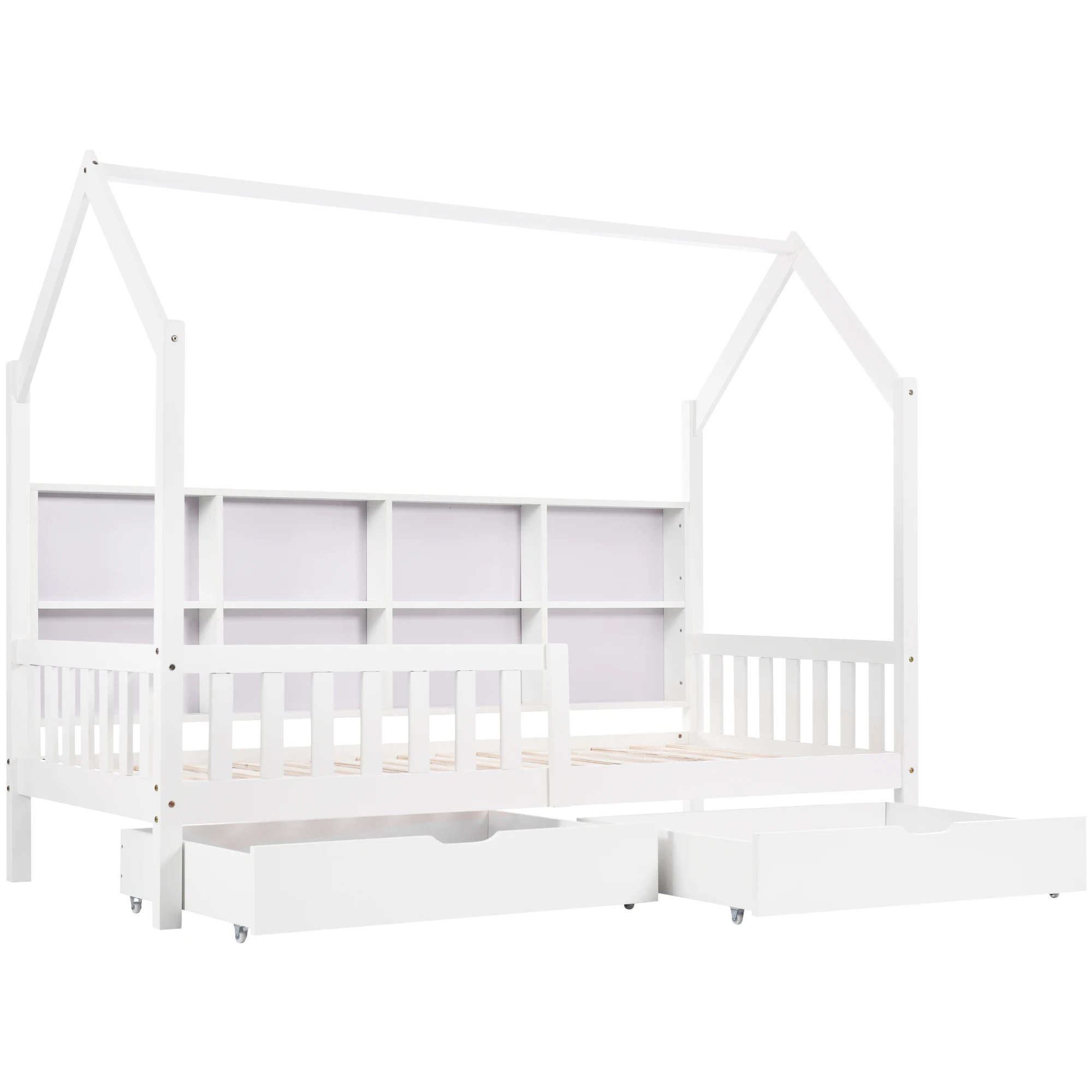 207x95x168cm Children's Bed with Multipurpose Bookshelf Storage Grid Cabinet Shelf Two Large Drawers with Fall Protection Frame
