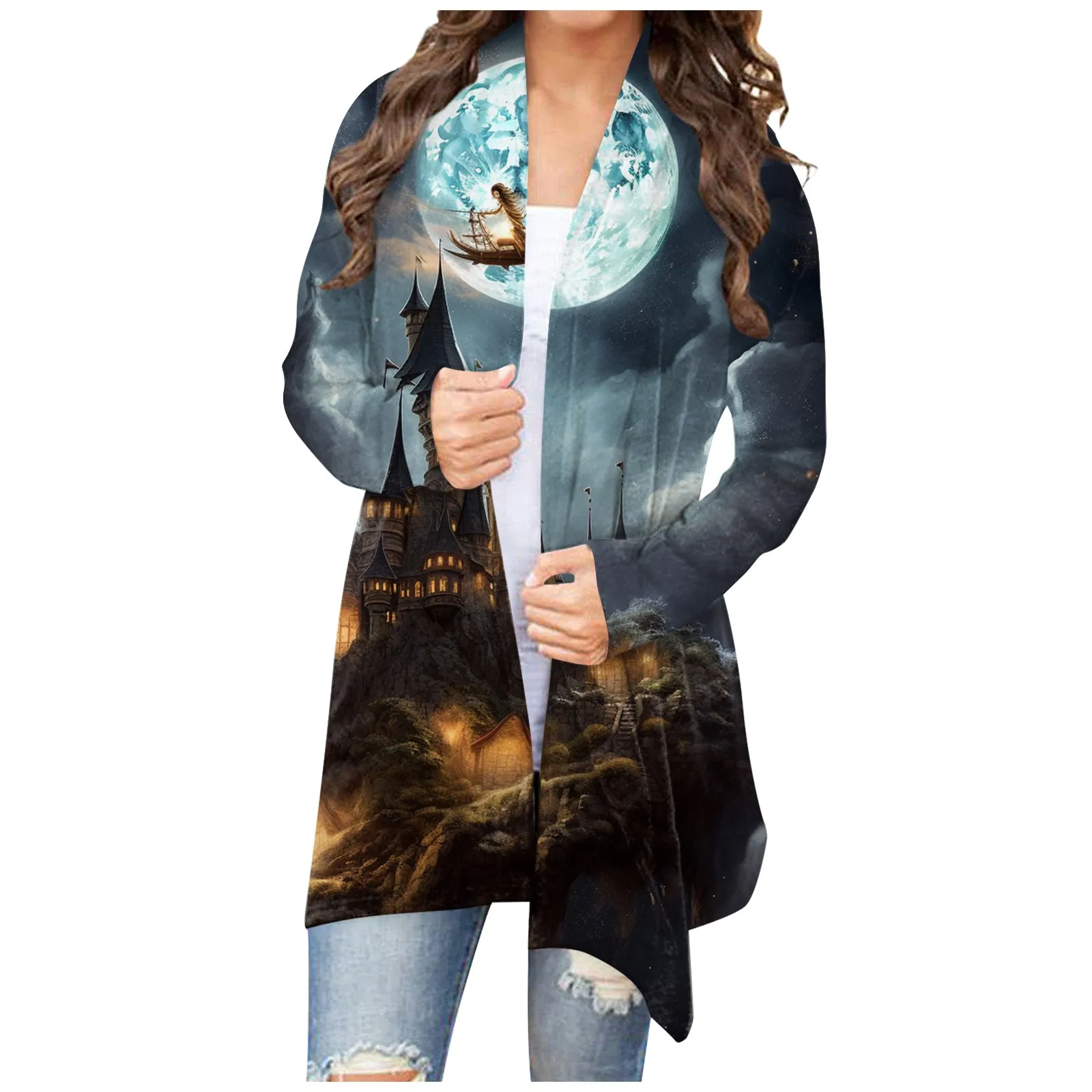 

Women's Fashion Casual Halloween Print Medium Length Cardigan Jacket Coat куртки осенние женские chaqueta mujer пальто женское