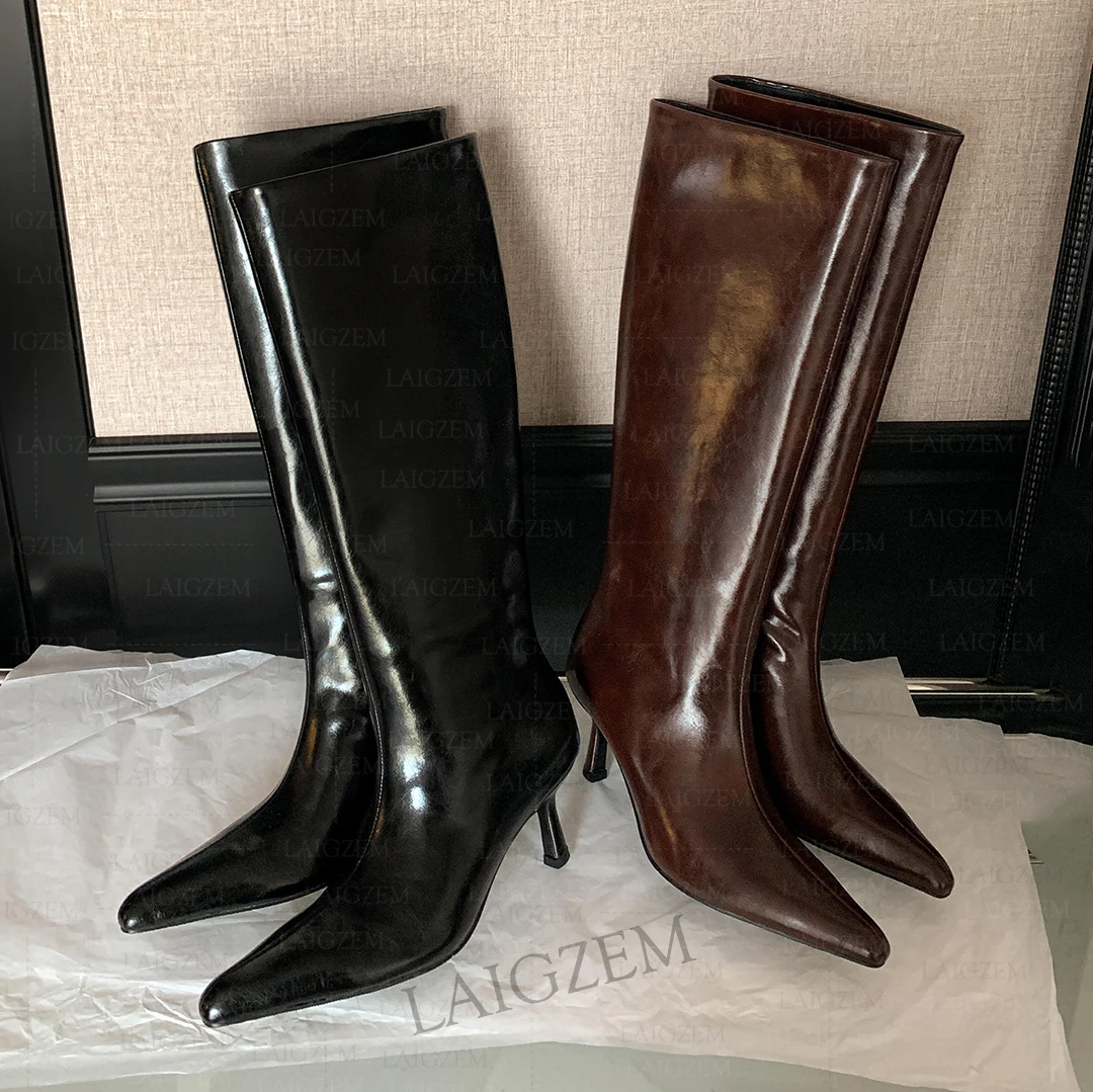 Women Knee High Boots Leather Pull On 6.5CM Thin High Heels