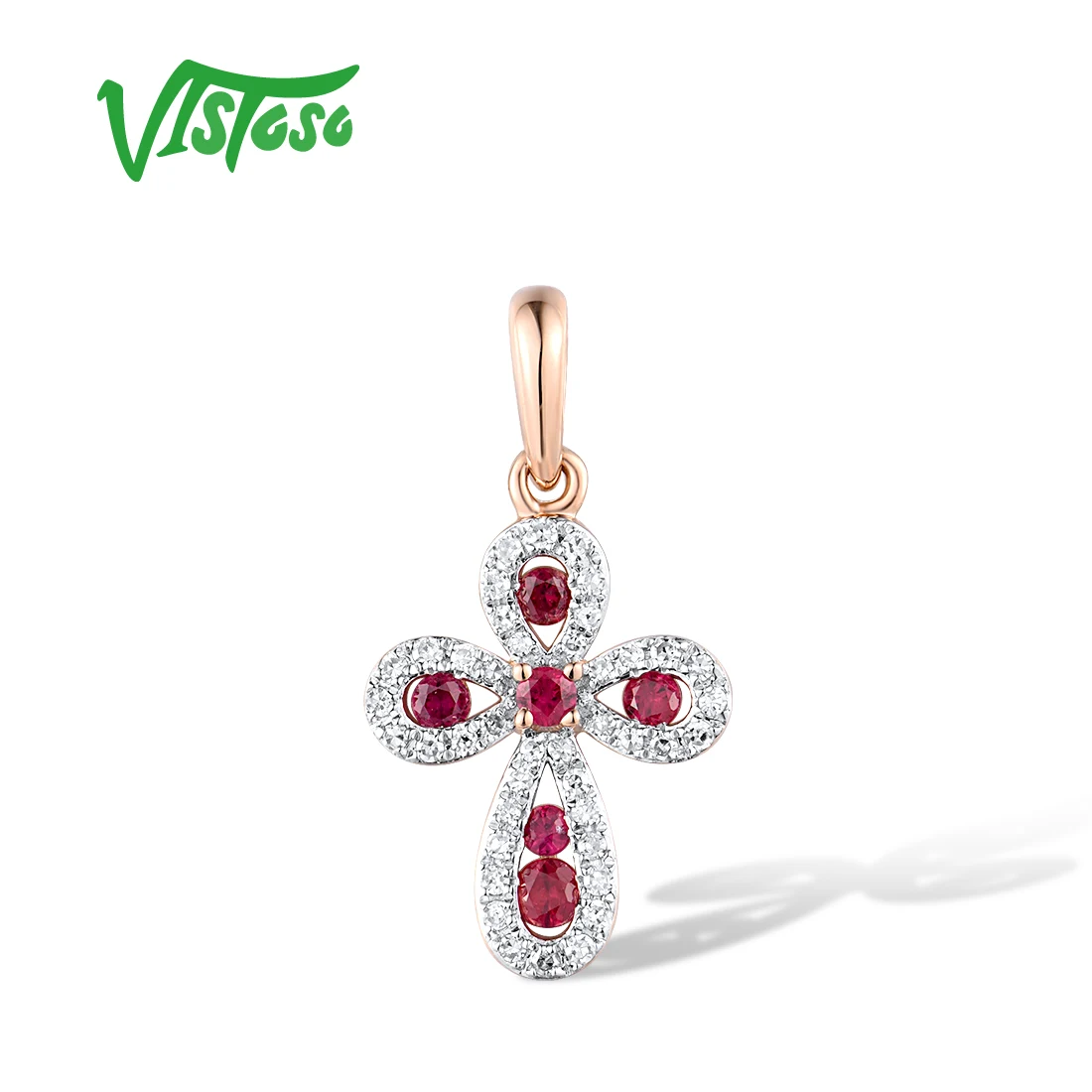 

VISTOSO Genuine 14K 585 Rose Gold Pendant For Lady Sparkling Diamond Ruby Stunning Cross Delicate Wedding Gifts Fine Jewelry