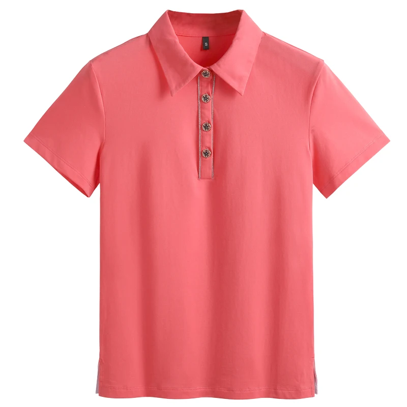 

2023 Summer New Turndown Collar Cotton Top Short Sleeve Button Comfortable Fashion Slim Fit Solid Color Women's POLO Shirt