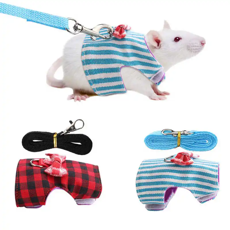 

2Pcs Small Pet Traction Rope Adjustable Harness Soft Chest Strap Red Grid Blue Stripes For Bird Mouse Hamster Ferrets