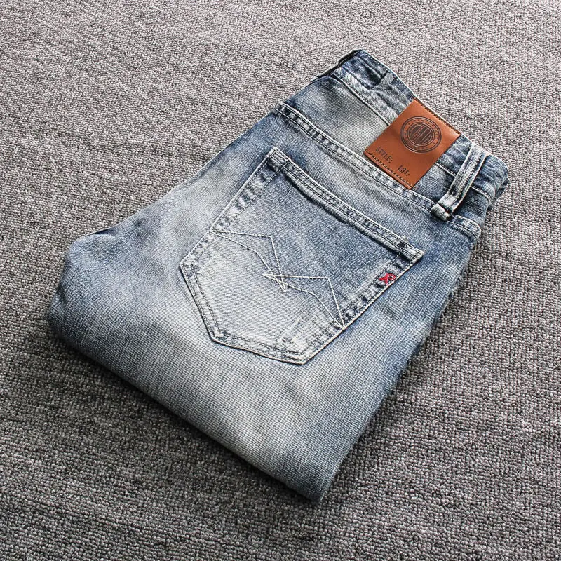 Streetwear Fashion Men Jeans Retro Light Blue Stretch Slim Fit Ripped Jeans Men Buttons Fly VIntage Designer Denim Pants Hombre