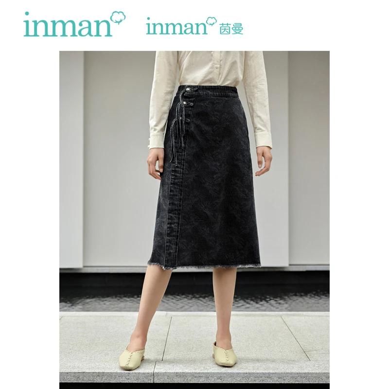 INMAN Women Skirt 2023 Autumn High Waist A-shaped Tassel Button Design Split Hem Jacquard Chinese Style Retro Versatile Skirt