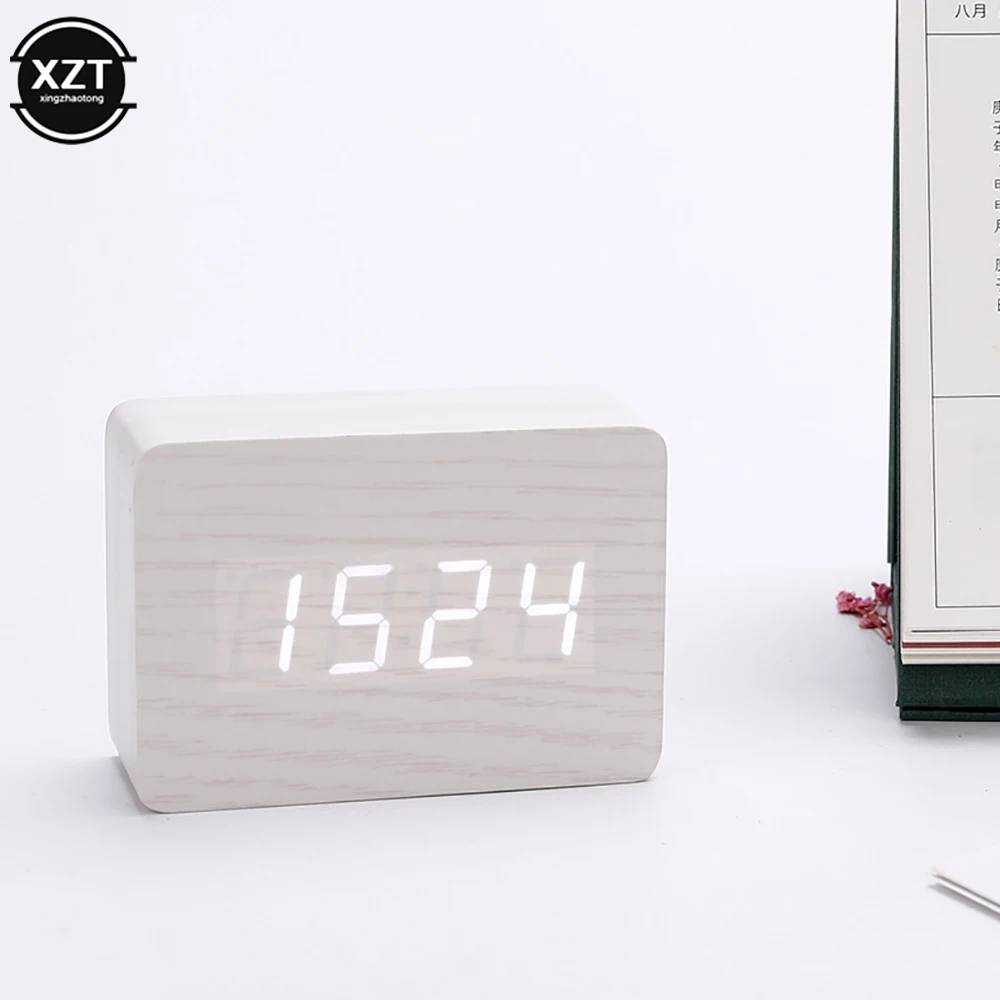 Alarm Clock LED Wooden Watch Table Voice Control Digital Wood Despertador USB Powered Electronic Desktop Clocks 2