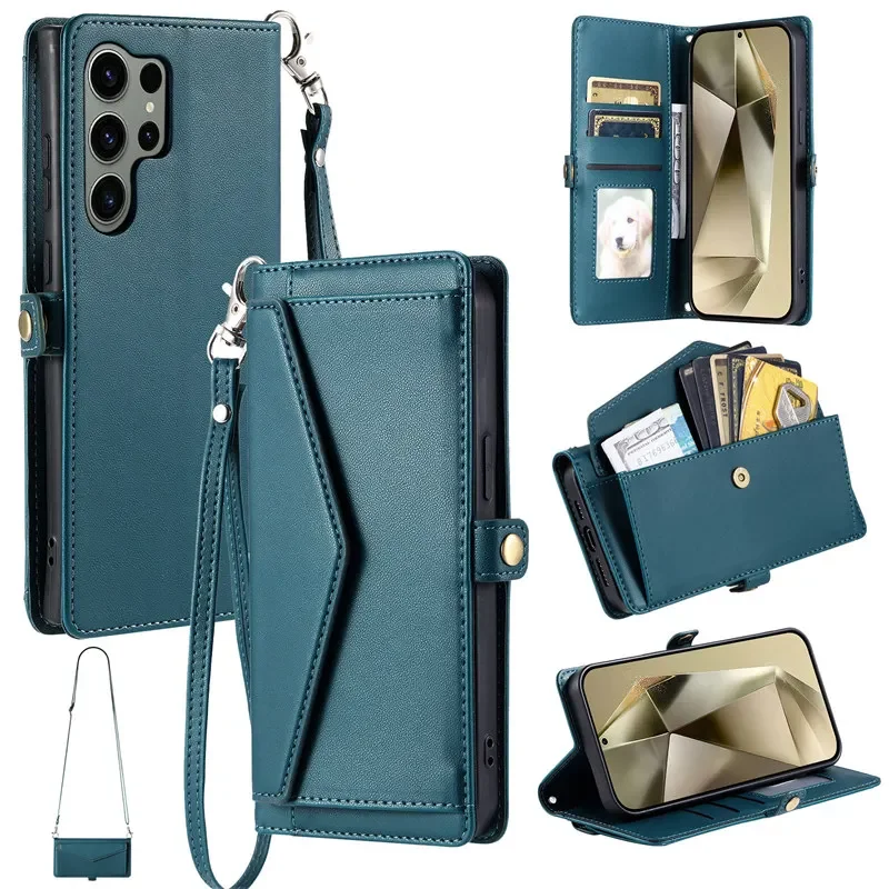 Premium Flip Leather Phone Wallet with Long Lanyard - Card Holder Case Cover